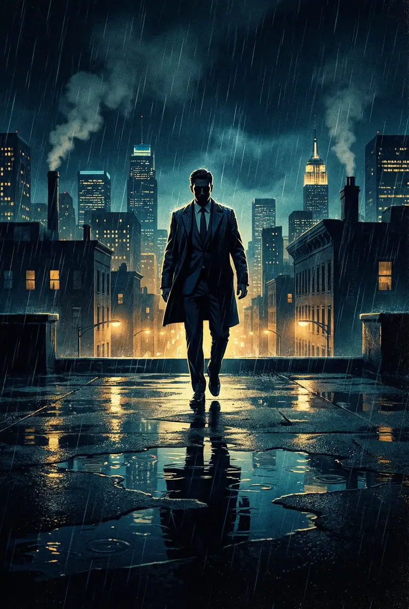 骁龙710 出品影片《雨夜独行者》海报，雨中城市屋顶男性剪影